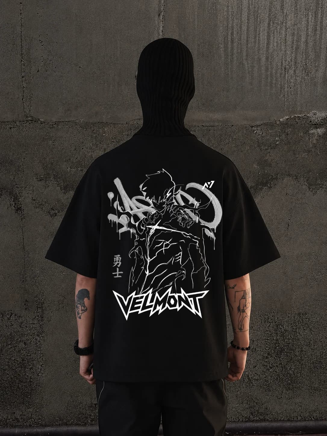 Anime Warrior oversized t-shirt in black, full-back warrior print with the Velmont wordmark beneath